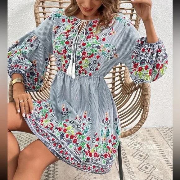 Boho Floral Print Tassel Stripes Long Sleeve Dress - Picture 2 of 5